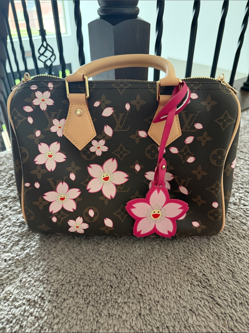 LV Brown Monogram Sakura Floral Speedy 25 with Pink Charm